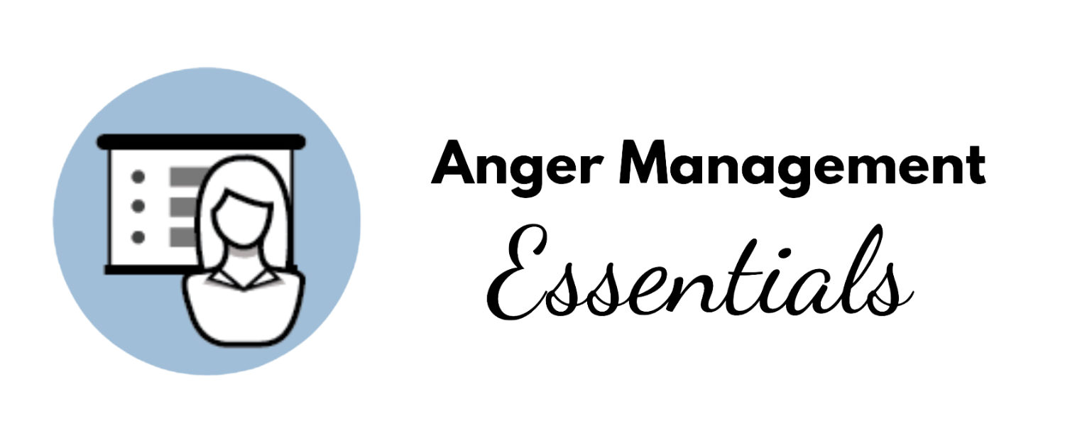 Logo for "anger management essentials" featuring a stylized icon of a person and a presentation board inside a blue circle.