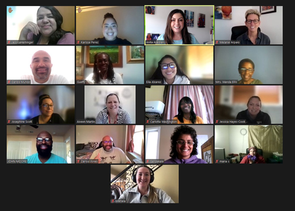 A screenshot of a video conference call with counselors from Los Angeles showing diverse participants, each in separate frames, smiling and engaged in a discussion.