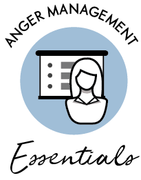 Logo for "anger management essentials" featuring a circle with an icon of a counselor in front of a clipboard inside.