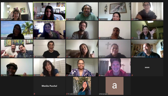 A screen capture of a virtual training session with eighteen participants, each smiling or waving, displayed in a grid layout on a video call interface.