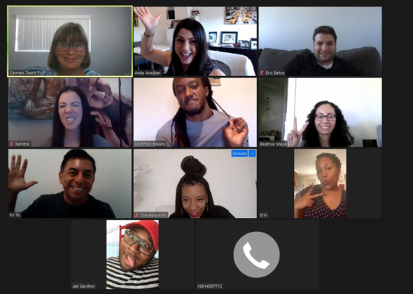 Nine people interacting in a friendly manner on a virtual group call, including a therapist, displaying various expressions and gestures such as waving and smiling.